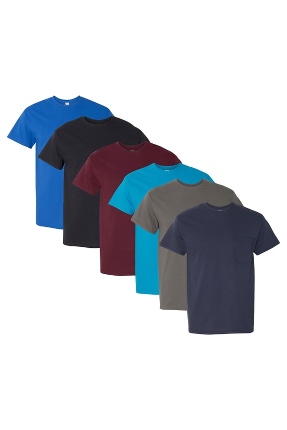 Unisex Heavy Cotton Pocket T-Shirt, 5.3 oz. 100% Cotton Bulk Tee, Assorted Short Sleeve Crewneck Plain Tees, Mixed Color Solid T-shirts (Dark Color 6 Pack, L)