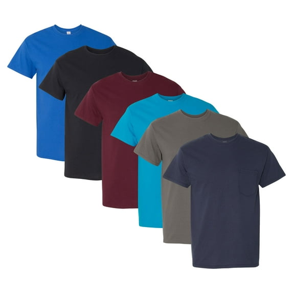 Gildan Unisex Heavy Cotton Pocket T-Shirt, 5.3 oz. 100% Cotton Bulk Tee, Assorted Short Sleeve Crewneck Plain Tees, Mixed Color Solid T-shirts (Dark Color 6 Pack, XL)