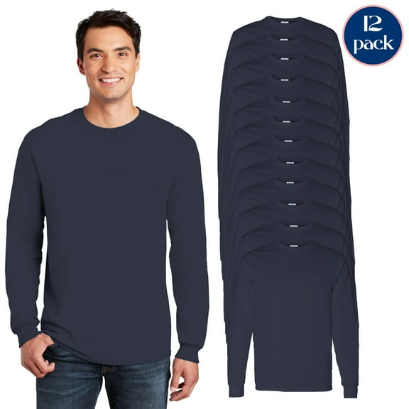 Gildan Unisex Heavy Cotton T-Shirt, Bulk Pack of 12 Long Sleeve Rib Cuffs Navy Tee, S