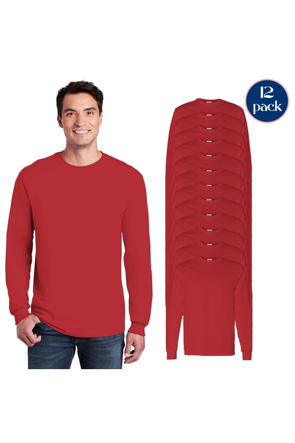 Unisex Heavy Cotton T-Shirt, Rib Collar Long Sleeve Red Tee, 12 Pack, M