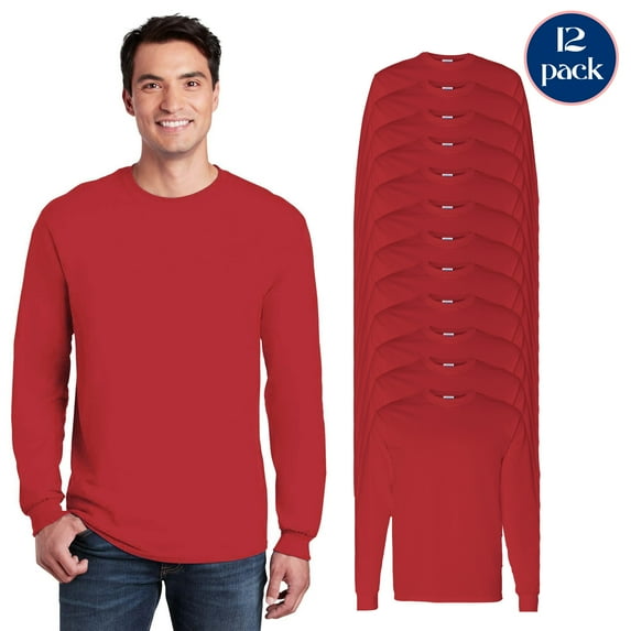 Gildan Unisex Heavy Cotton T-Shirt, Rib Collar Long Sleeve Red Tee, 12 Pack, S