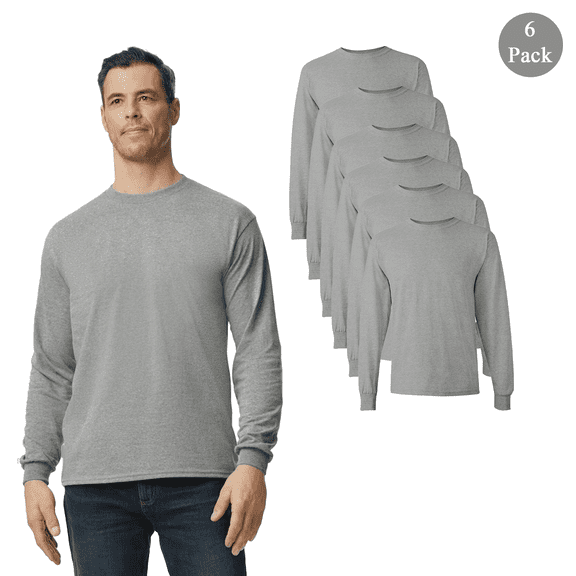 Gildan Unisex Heavy Cotton T-Shirt, Sport Grey Long Sleeve U.S. Cotton Casual Tee, Bulk 6 Pack, S