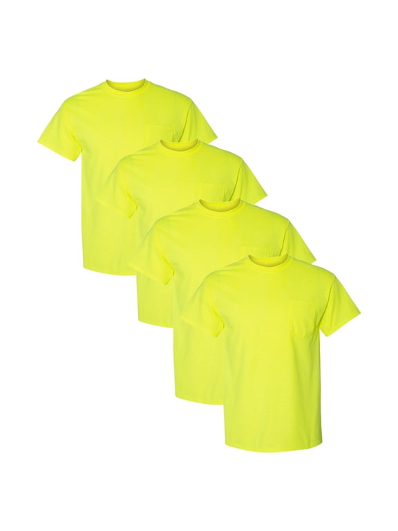 Unisex High Visibility Pocket T-Shirt, 50/50 Cotton/Polyester Hi Vis Reflective Work Tee (Safety-Green 4 Pack, XL)