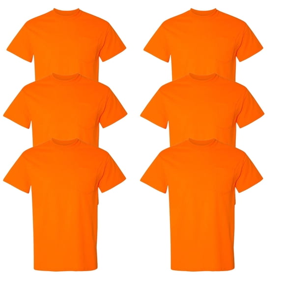 Gildan Unisex High Visibility Pocket T-Shirt, 50/50 Cotton/Polyester Hi Vis Reflective Work Tee (Safety-Orange 6 Pack, 5XL)