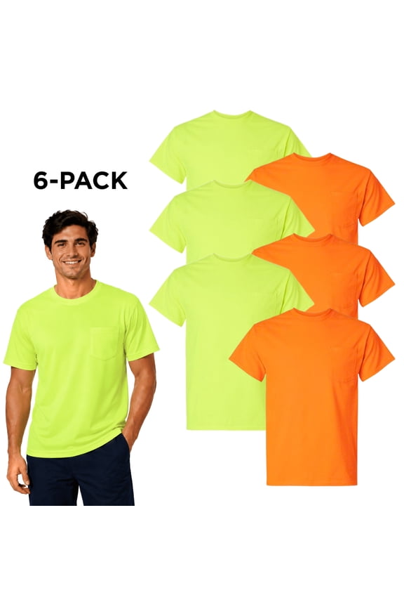 High Visibility Short Sleeve Pocket Safety Work T-Shirt For Men, (Safety-Mixed 6 Pack, L)