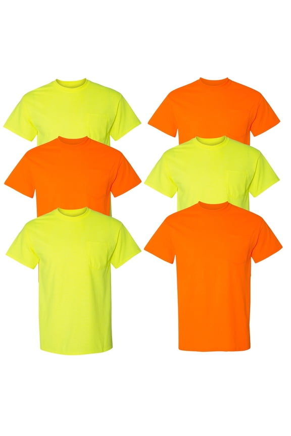 Unisex High Visibility Pocket T-Shirt, 50/50 Cotton/Polyester Hi Vis Reflective Work Tee (Safety-Orange + Safety Green 6 Pack, XL)