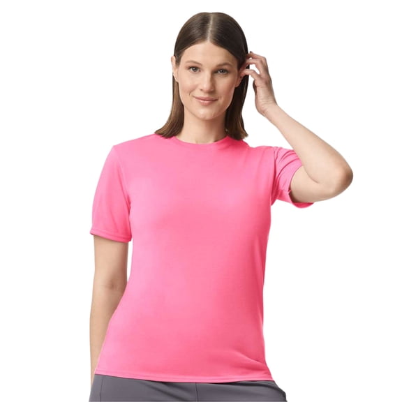 Gildan Unisex Short Sleeve T-Shirt 100% Polyester Breathable Modern Classic Fit Tee (Safety-Pink, M)
