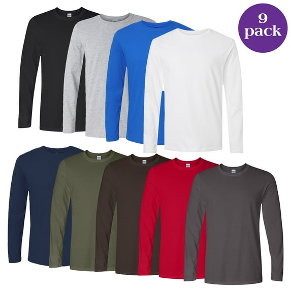 Gildan Unisex Softstyle Long Sleeve T-Shirt, Side Seams Tear Away Multicolor Tee, Bulk Pack of 9, S