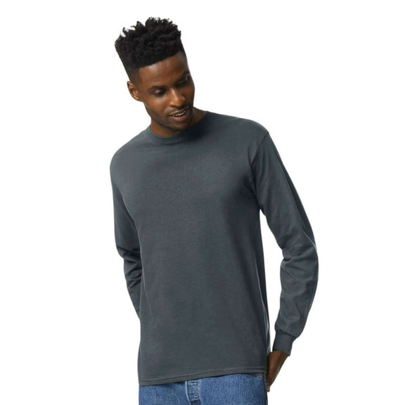 Gildan Unisex Ultra Cotton Long Sleeve T-Shirt 100% Cotton Heavyweight Classic Fit Plain Tee (Dark-Heather, L)