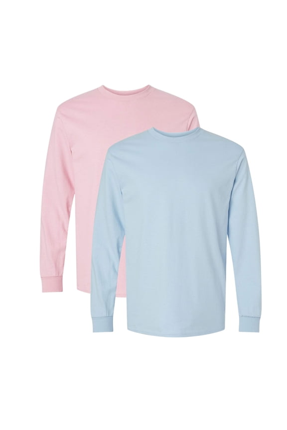 Unisex Ultra Cotton Long Sleeve T-Shirt 100% Cotton Heavyweight Classic Fit Plain Tee (Light-Pink+Light-Blue-2PCS, S)