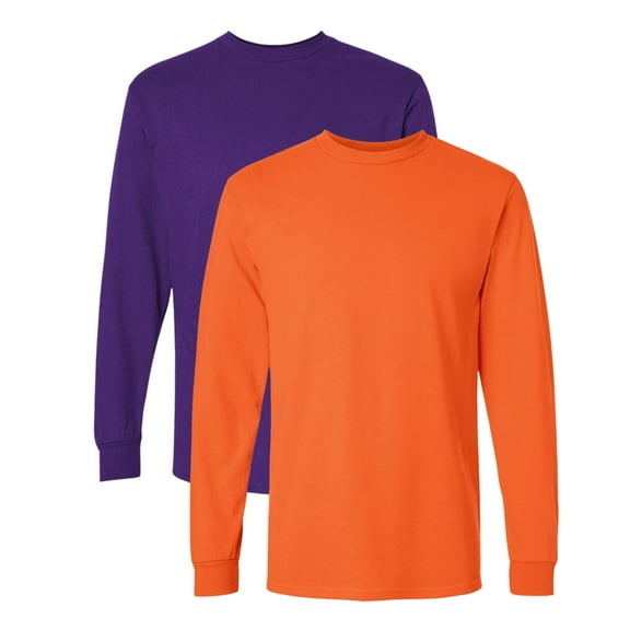 Gildan Unisex Ultra Cotton Long Sleeve T-Shirt 100% Cotton Heavyweight Classic Fit Plain Tee (Purple+Orange-2PCS, L)