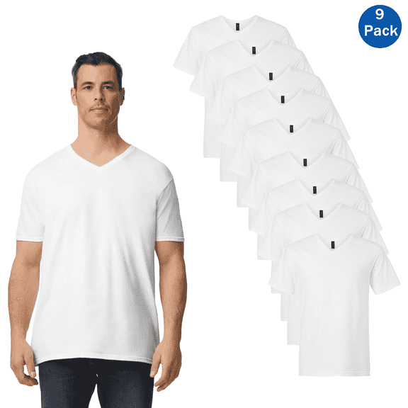 Gildan V-Neck T-Shirt for Men, Classic Softstyle White Cotton Tee, Short Sleeve Daily Wear, 9 Pack, Sizes S-3XL