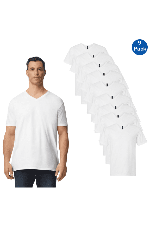 V-Neck T-Shirt for Men, Classic Softstyle White Cotton Tee, Short Sleeve Daily Wear, 9 Pack, Sizes S-3XL