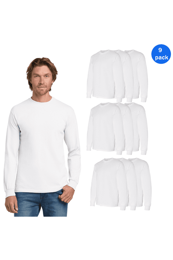 Men’s Classic Long Sleeve T-Shirt with Comfort and Durability, Crewneck Ultra Cotton Casual Tee, 6 oz, Pack of 9, 3XL, White