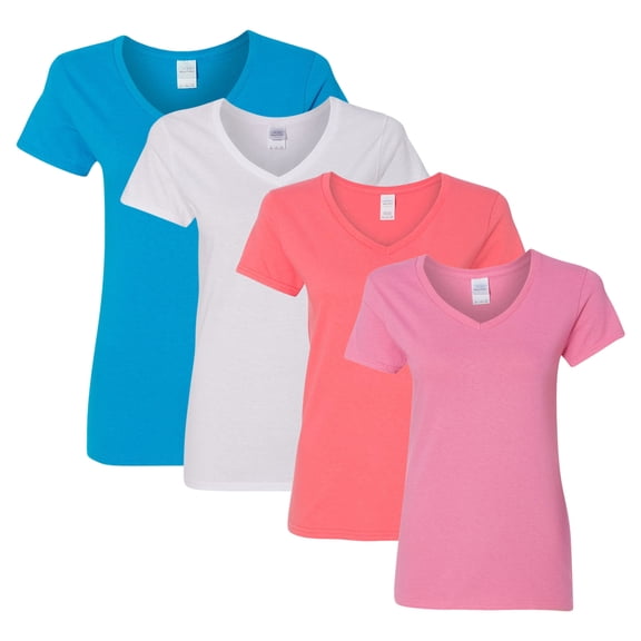 Gildan Women’s Heavy Cotton V-Neck T-Shirt 100% Cotton Bulk Plain Tees, Assorted Solid Colors (Bright Color 4 Pack, XL)
