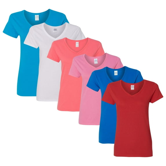 Gildan Women’s Heavy Cotton V-Neck T-Shirt 100% Cotton Bulk Plain Tees, Assorted Solid Colors (Bright Color 6 Pack, XL)