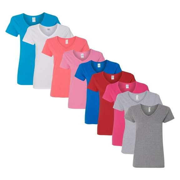 Gildan Women’s Heavy Cotton V-Neck T-Shirt 100% Cotton Bulk Plain Tees, Assorted Solid Colors (Bright Color 9 Pack, L)