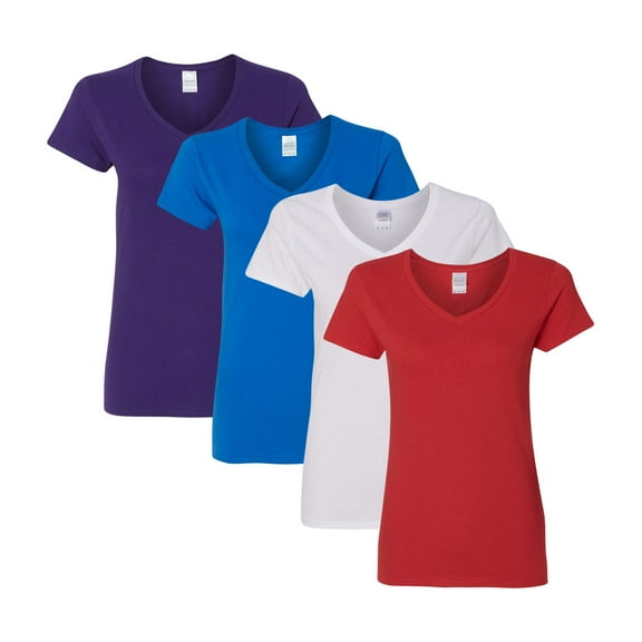 Gildan Women’s Heavy Cotton V-Neck T-Shirt 100% Cotton Bulk Plain Tees, Assorted Solid Colors (Bright+Dark Color 4 Pack, XL)