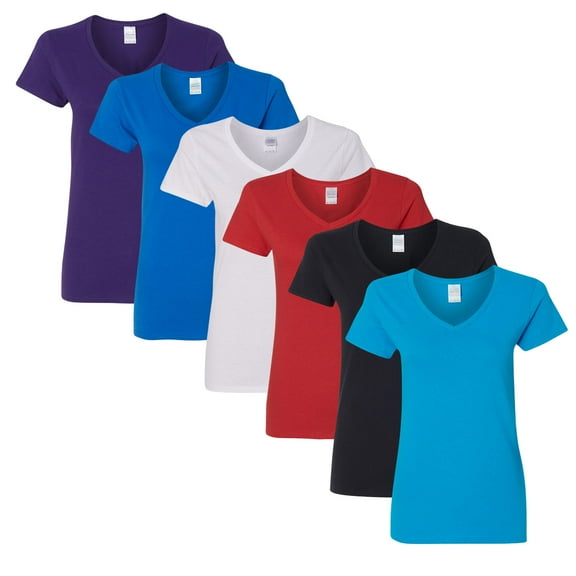 Gildan Women’s Heavy Cotton V-Neck T-Shirt 100% Cotton Bulk Plain Tees, Assorted Solid Colors (Bright+Dark Color 6 Pack, XL)