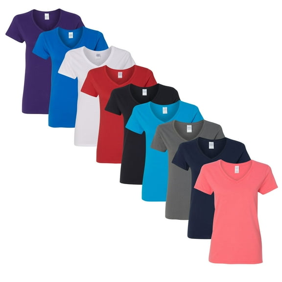 Gildan Women’s Heavy Cotton V-Neck T-Shirt 100% Cotton Bulk Plain Tees, Assorted Solid Colors (Bright+Dark Color 9 Pack, XL)