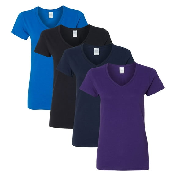 Gildan Women’s Heavy Cotton V-Neck T-Shirt 100% Cotton Bulk Plain Tees, Assorted Solid Colors (Dark Color 4 Pack, M)