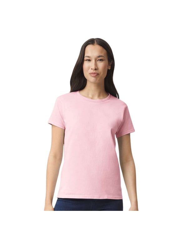 Women's Short Sleeve T-Shirt 100% Cotton Classic Fit Crew Neck Solid Color Tee (Light-Pink, L)