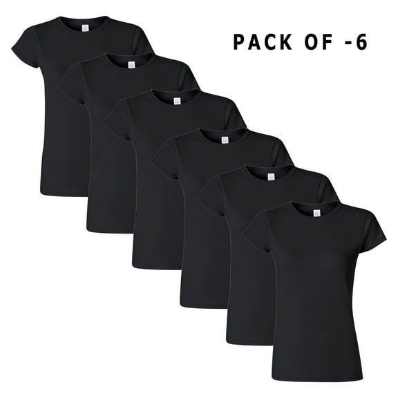 Gildan Softstyle Women’s Short Sleeve T Shirt 4.5oz 100% Ring Spun Cotton Comfortable Tee Black Color Pack of 6 Size M