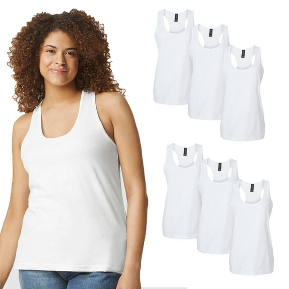Gildan Women's Softstyle CVC Racerback Tank Top, White 6-Pack, Sizes S-2XL, Semi-Fitted Cotton Blend