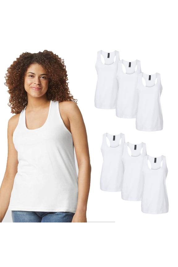 Women's Softstyle CVC Racerback Tank Top, White 6-Pack, Sizes S-2XL, Semi-Fitted Cotton Blend