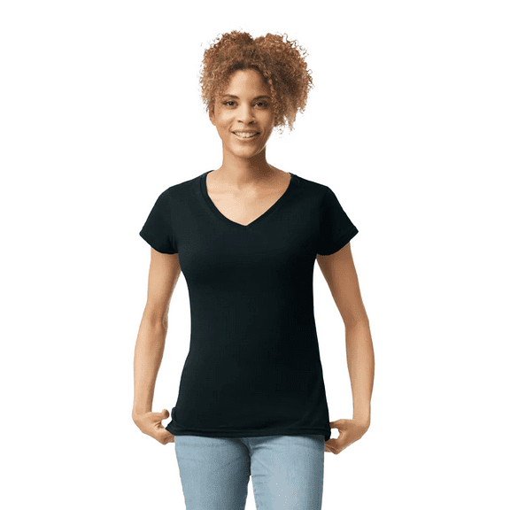 Gildan Women’s V-Neck Black T-Shirt Single Pack Cotton Softstyle Short Sleeves Blank Tee Size - L