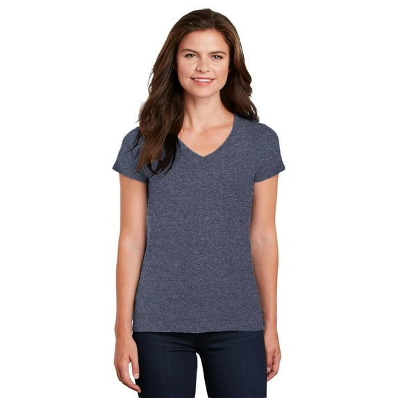 Gildan Women’s V-Neck T-Shirt, 50 Cotton/50 Poly Ladies Short Sleeves T-Shirt, Heather Navy L