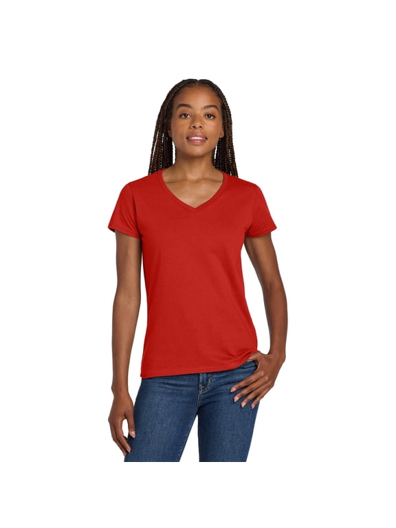 Women’s V-Neck T-Shirt, Heavy Cotton Short Sleeve V Neck Tee | Red, Sizes S-3XL Pack-1