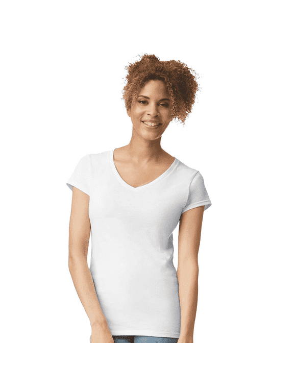 Women’s V-Neck White T-Shirt Single Pack Cotton Softstyle Short Sleeves Blank Tee Size - L