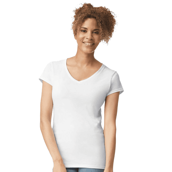 Gildan Women’s V-Neck White T-Shirt Single Pack Cotton Softstyle Short Sleeves Blank Tee Size -M