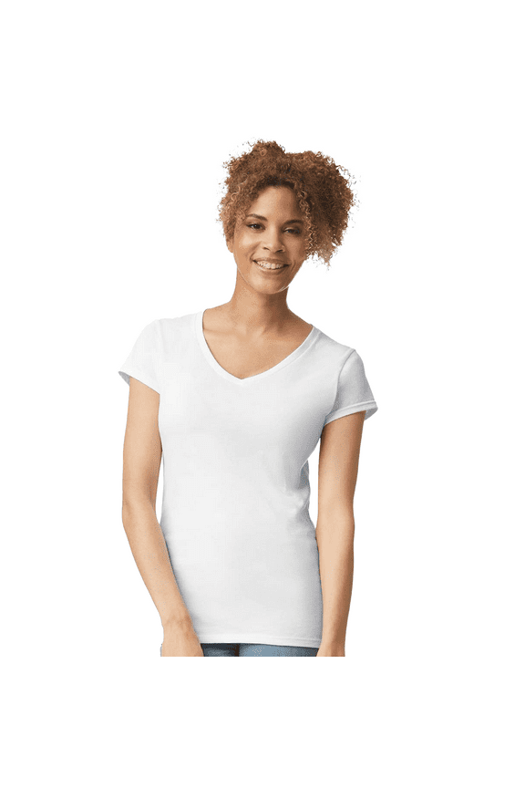 Women’s V-Neck White T-Shirt Single Pack Cotton Softstyle Short Sleeves Blank Tee Size - S
