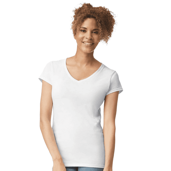 Gildan Women’s V-Neck White T-Shirt Single Pack Cotton Softstyle Short Sleeves Blank Tee Size - S