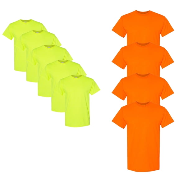 Gildan Men's High Visibility Short Sleeve Safety Work Shirt, 50/50 Cotton/Polyester Safety Shirt, (Safety Green and Orange 9Pcs, Size - L)