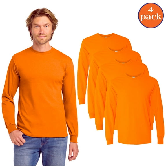 Gildan Work Wear for Men, Long Sleeve Hi-Vis Shirt, Safety Orange, Pack 4, L
