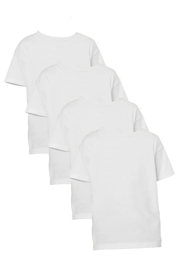 Youth Cotton Short Sleeve White Crew T-Shirt, 4-Pack, Medium