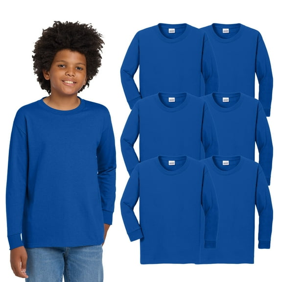 Gildan Youth Crew Neck Long Sleeve T-Shirt of Heavy Cotton - Soft, Comfortable - Royal, XS, 6 Pack