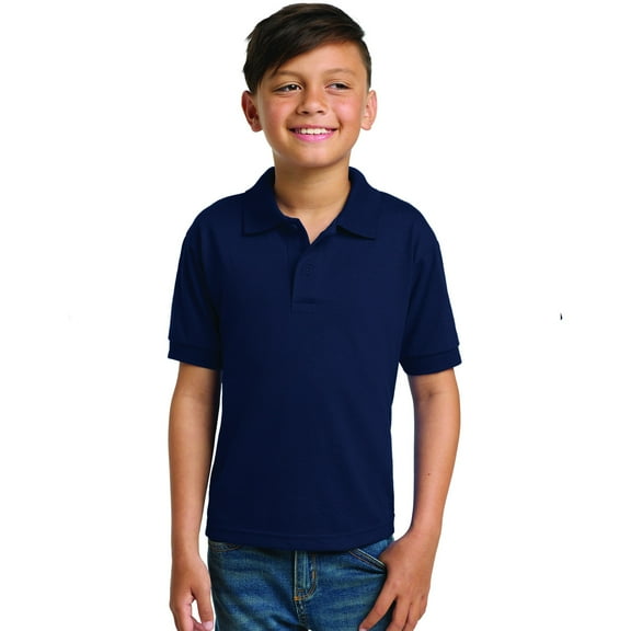 Gildan Youth DryBlend Jersey Polo Classic Fit Tee, Breathable Cotton-Poly Welt Collar T-Shirt, Navy, L