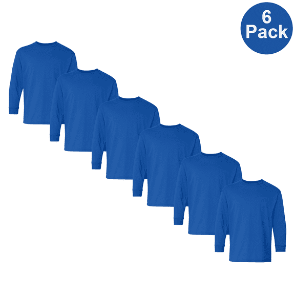 Gildan Youth Heavy Cotton Long Sleeve T-Shirt, Comfotable Crew Neck Royal Color Bulk Tee, 6 Pack, M