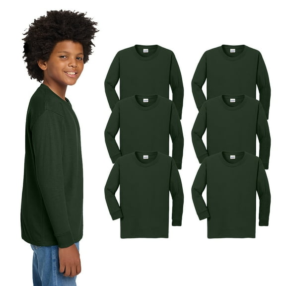 Gildan Youth Heavy Cotton Long Sleeve T-Shirt Full Cotton, Soft & Durable, Forest Green, Pack 6, XS