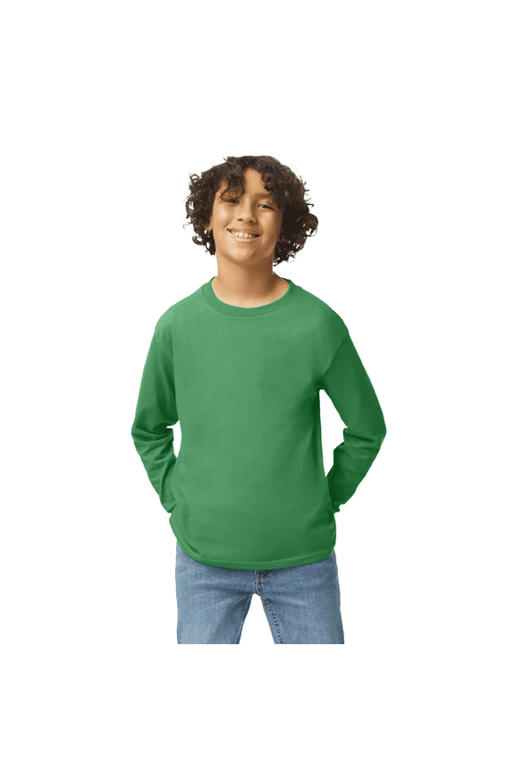 Youth Heavy Cotton Long Sleeve T-Shirt, Pure Cotton Tee for Kids, Irish Green, S