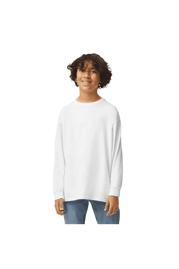 Youth Heavy Cotton Long Sleeve T-Shirt, Pure Cotton Tee for Kids, White, L