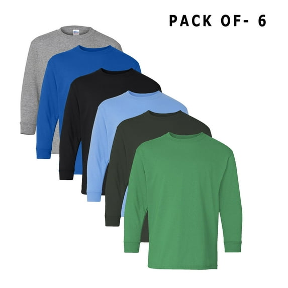 Gildan Youth  Heavy Cotton T-Shirt Long Sleeve Tee -GR54 Assorted Crew T Shirt Multicolor, 6 Pack S