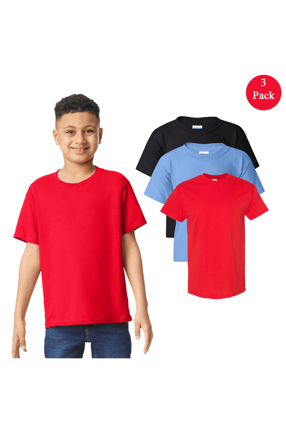 Youth Heavy Cotton T-Shirt, Short Sleeve Taped Neck Tee, Multicolor Bulk 3 Pack, S