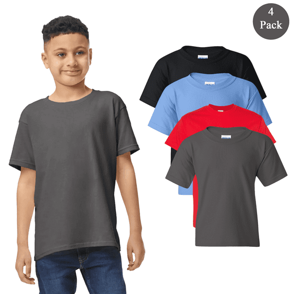Gildan Youth Heavy Cotton T-Shirt, Short Sleeve Taped Neck Tee, Multicolor Bulk 4 Pack, L