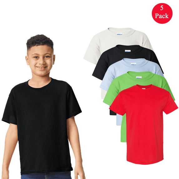Gildan Youth Heavy Cotton T-Shirt, Short Sleeve Taped Neck Tee, Multicolor Bulk 5 Pack, S