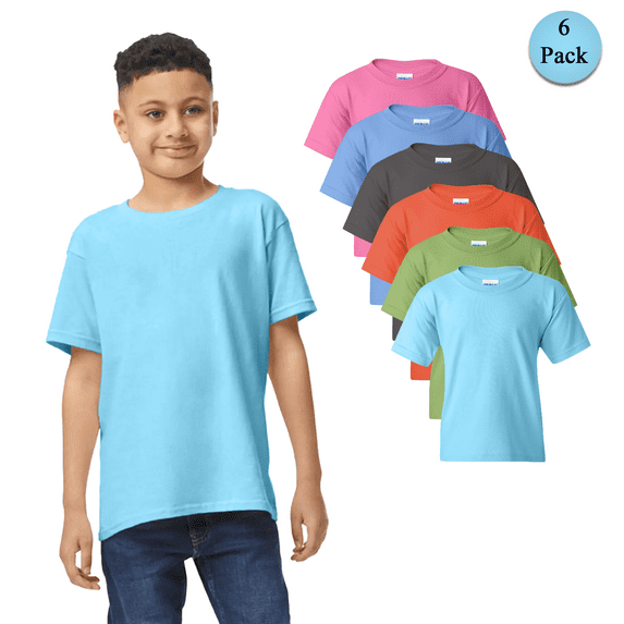 Gildan Youth Heavy Cotton T-Shirt, Short Sleeve Taped Neck Tee, Multicolor Bulk 6 Pack, S